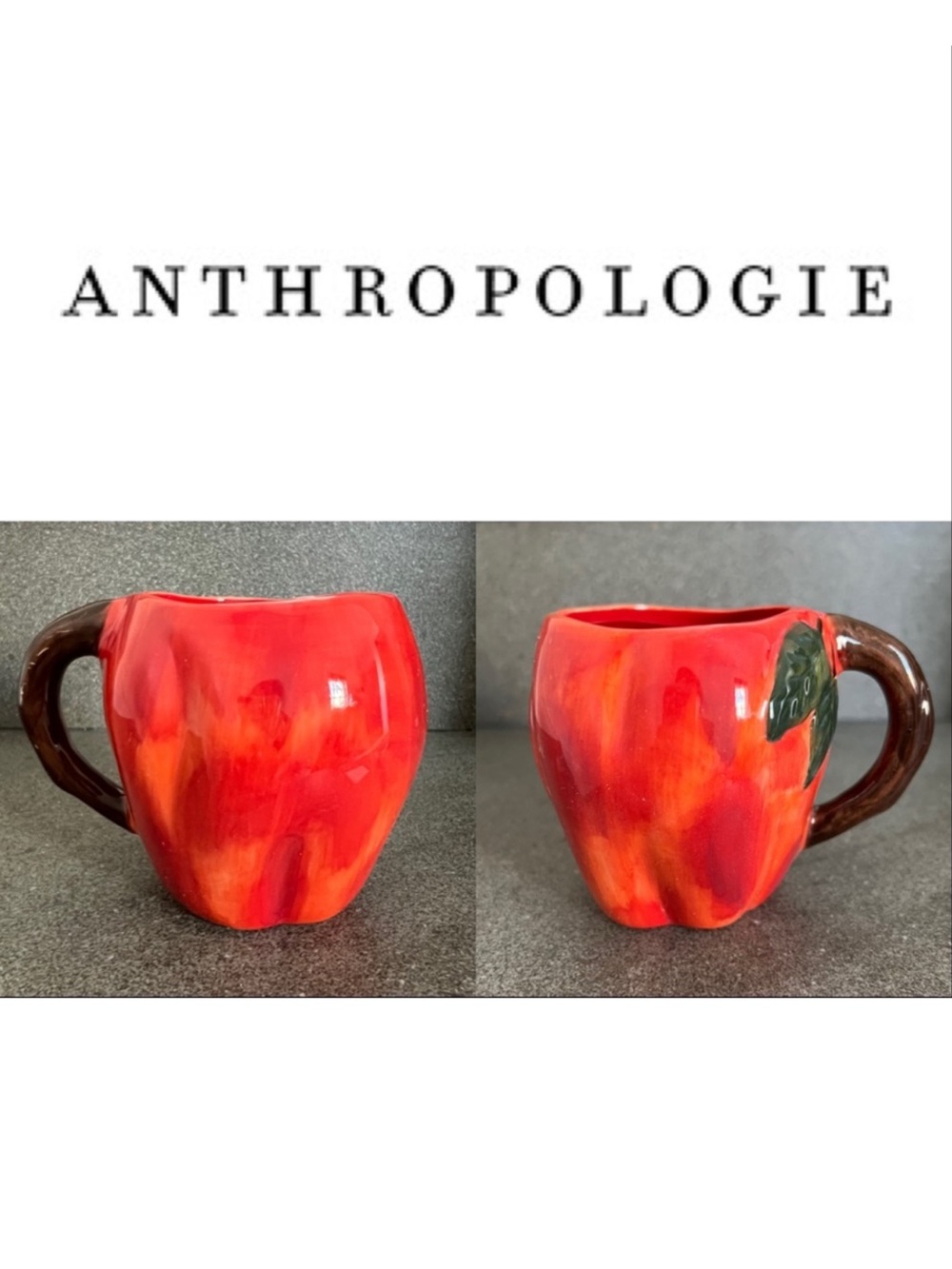 Anthropologie Cider Season Hand Painted Glazed Stoneware 2 Apple Mugs Open Box